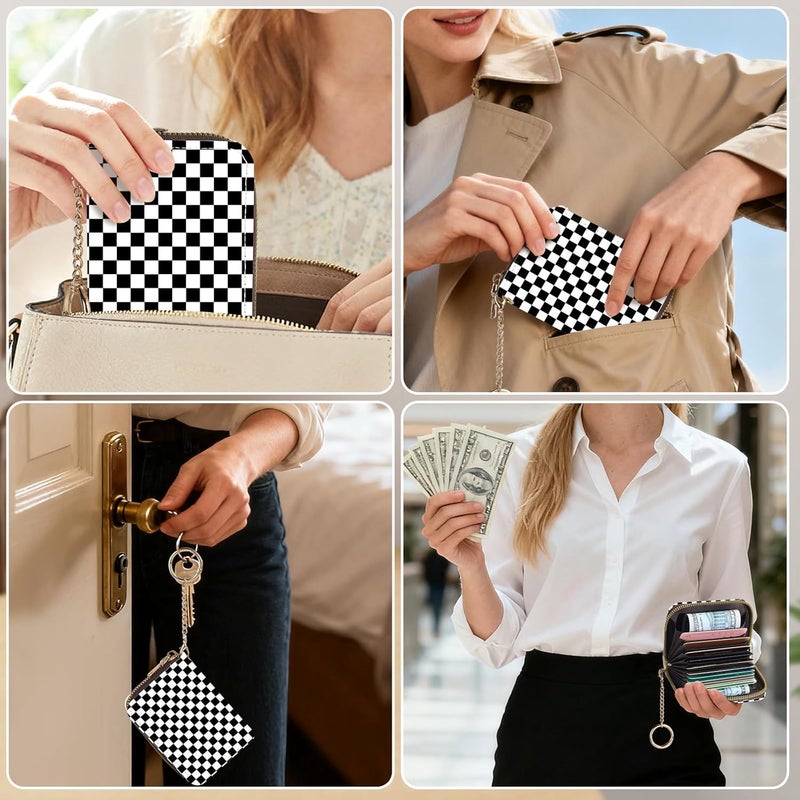 Luoycxy Credit Card Holder for Women,Small Rfid Wallet with Keychain Zipper,Cute PU Leather Card Case Wallet，Accordion Credit Card Wallets Gift,Checkered Pattern - Image 5